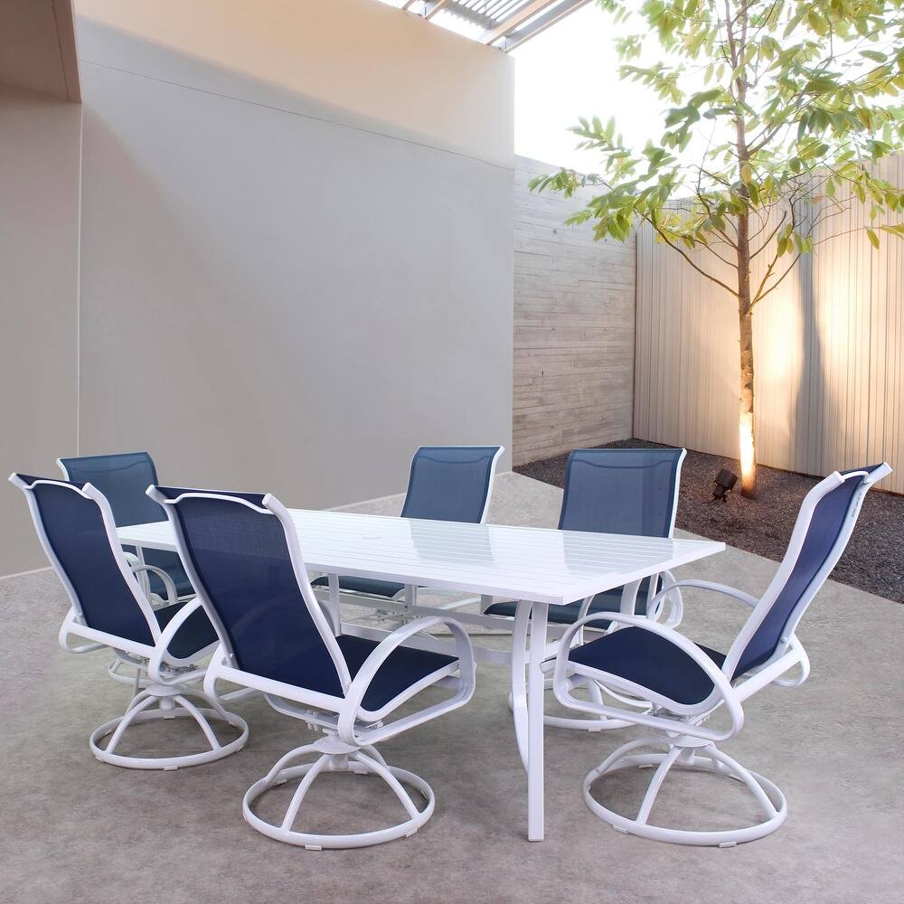 Courtyard Casual Courtyard Casual -  Santa Fe 7 pc Dining Set in Java with 84" Rectangle Table and 6 Sling Swivel Rockers | 5713