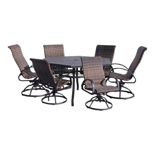 Courtyard Casual Courtyard Casual -  Santa Fe 7 pc Hexagon Dining Set in Java with 60" Hexagon Table and 6 Wicker Swivel Rockers | 5708