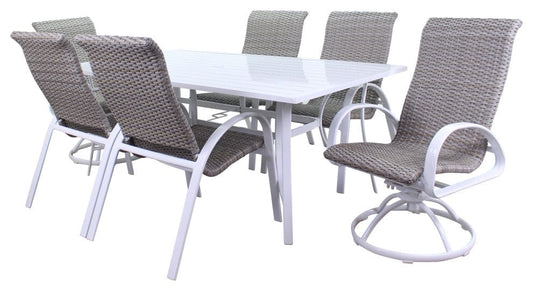 Courtyard Casual Courtyard Casual -  Santa Fe 7 pc Mixed Dining Set in White with 84" Rectangle Table, 2 Swivel Rockers and 4 Wicker Chairs | 5911