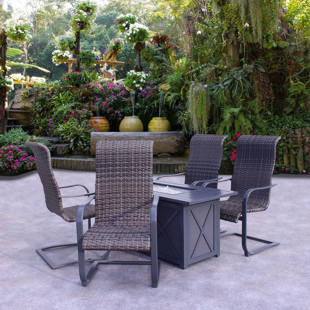 Courtyard Casual Courtyard Casual -  Santa Fe Dark Gray 5 Piece Rectangle Fire Pit Set with 1 Fire Pit and 4 Wicker Spring Chairs | 5583