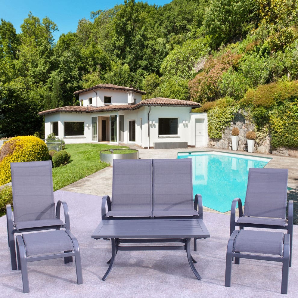 Courtyard Casual Courtyard Casual -  Santa Fe Dark Gray 6 Piece Loveseat Glider Set with 1 Loveseat Glider, 2 Reclining Sling Chairs, 2 Ottomans and 1 Rectangle Coffee Table | 5578
