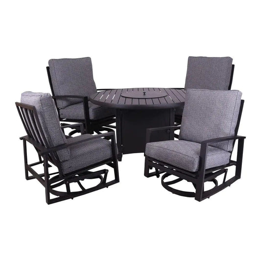 Courtyard Casual Courtyard Casual -  Santorini Black Aluminum 5 Piece Swivel Fire Pit Seating Group with 1 48" Round Fire Pit and 4 Swivel Gliders | 5801