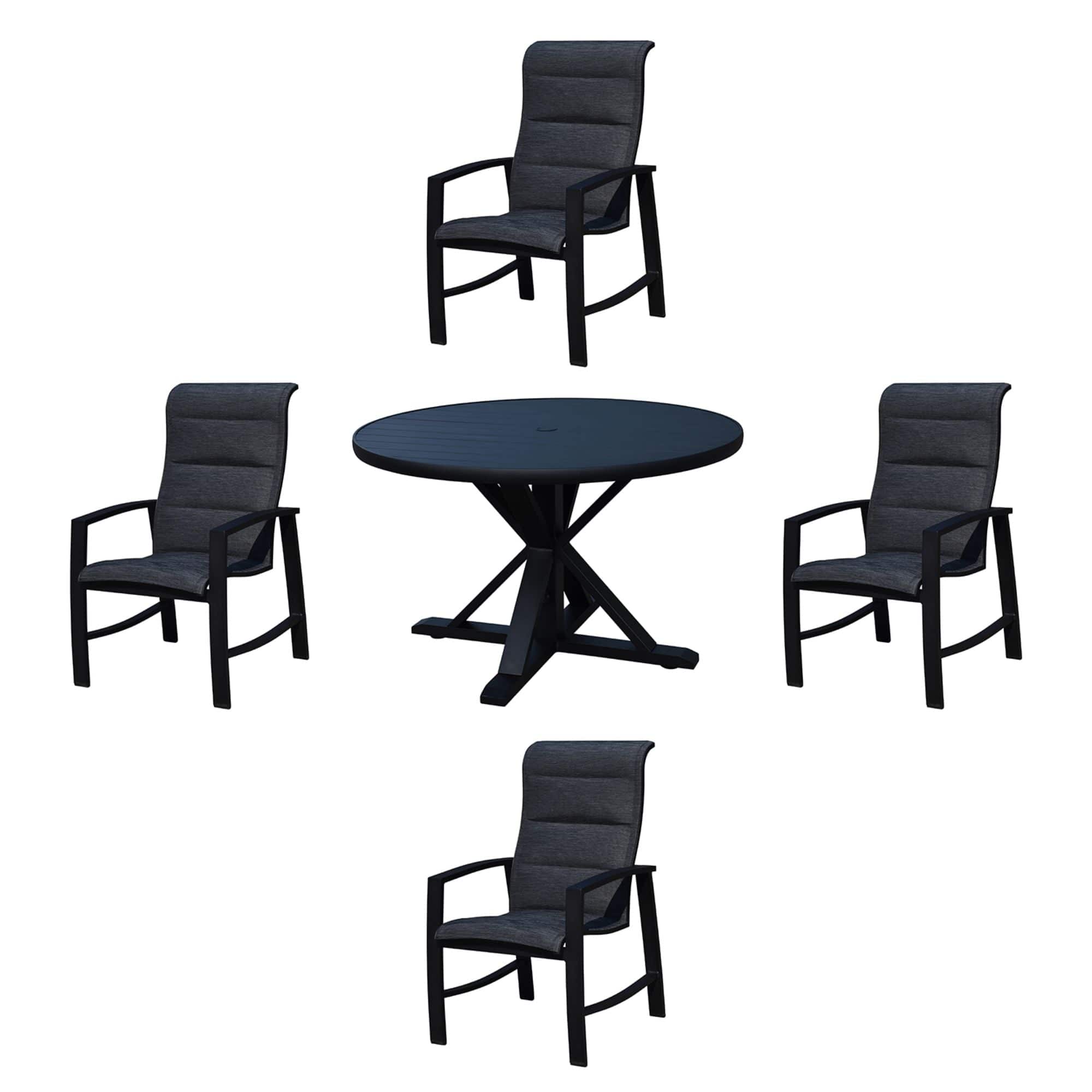 Courtyard Casual Outdoor Dining Set Courtyard Casual -  Santorini 5 Piece 48" Round Table with 4 Padded Sling Chairs Dining Set | 5345
