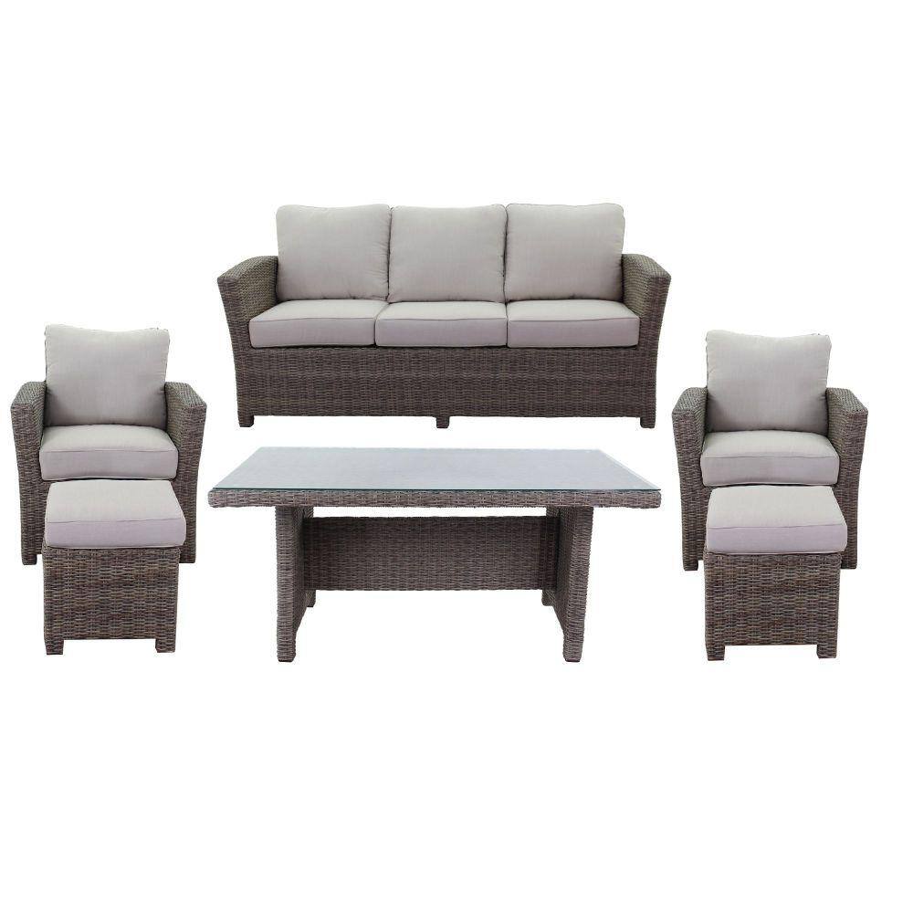 Courtyard Casual Outdoor Dining Table Courtyard Casual -  Capri 6 pc Seating Set
Oyster - Canvas Biscuit
Set Includes:  One Sofa, One Chow Dining table, Two Club Chairs, & Two Ottomans

Solution Dyed Acrylic | 5255