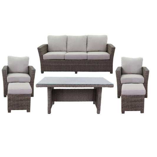 Courtyard Casual Outdoor Dining Table Courtyard Casual -  Capri 6 pc Seating Set
Oyster - Canvas Biscuit
Set Includes:  One Sofa, One Chow Dining table, Two Club Chairs, & Two Ottomans

Solution Dyed Acrylic | 5255