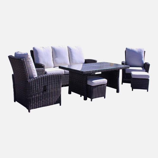 Courtyard Casual Outdoor Dining Table Courtyard Casual -  Chelshire 6 Pc Recline Seating Set
Silver Oak - Canvas Biscuit
One Sofa, One Chow Dining table, Two Club Chairs, & Two Ottomans

Solution Dyed Acrylic | 5250