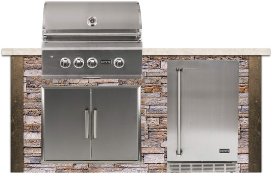 Coyote Outdoor Kitchen Package Coyote Outdoor Living - 6' Premium Grill Island - Stacked Stone - Brown Terra | 30" S-Series Grill Burner | 21" Built-in Refrigerator | Double Access Doors | Ready-To-Assemble