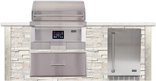 Coyote Outdoor Kitchen Package Coyote Outdoor Living - 8ft Outdoor Kitchen Package - Stacked Stone | White | C-Series 36-Inch 4-Burner Built-In | Coyote - 21" Built-in Outdoor Refrigerator | 31" Double Access Door | Single Pull Out Trash and Recycle