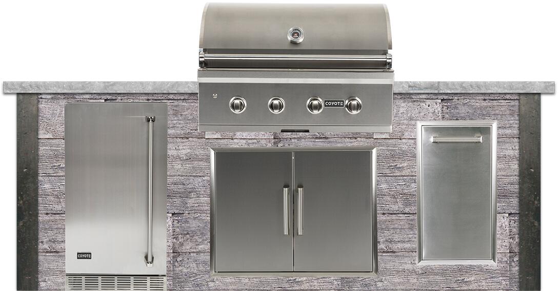 Coyote Outdoor Kitchen Package Coyote Outdoor Living - 8ft Outdoor Kitchen Package - Weathered Wood | Gray | C-Series 36-Inch 4-Burner Built-In | Coyote - 21" Built-in Outdoor Refrigerator | 31" Double Access Door | Single Pull Out Trash and Recycle