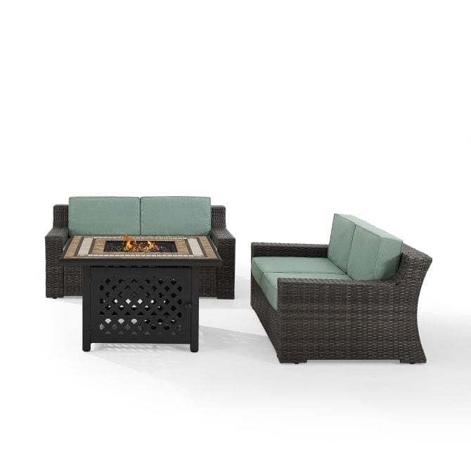 Crosley Furniture Conversation Set Crosely Furniture - Beaufort 3Pc Outdoor Wicker Conversation Set W/Fire Table Mist/Brown - Tucson Fire Table & 2 Loveseats - KO70175BR - Mist