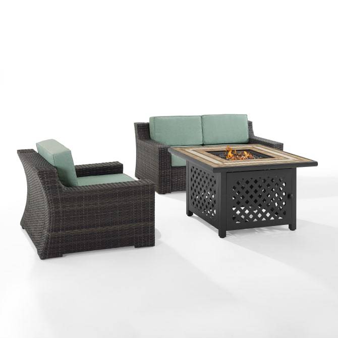 Crosley Furniture Conversation Set Crosely Furniture - Beaufort 3Pc Outdoor Wicker Conversation Set W/Fire Table Mist/Brown - Tucson Fire Table, Loveseat, & Chair - KO70177BR - Mist