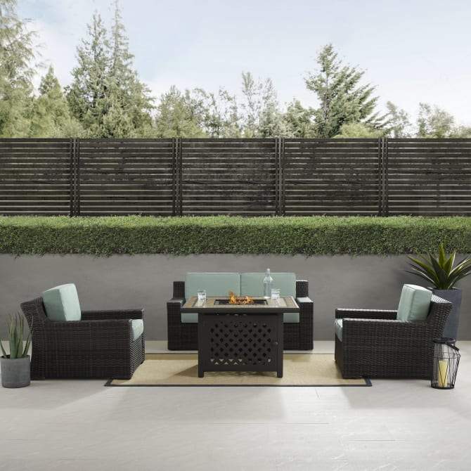 Crosley Furniture Conversation Set Crosely Furniture - Beaufort 4Pc Outdoor Wicker Conversation Set W/Fire Table Mist/Brown - Tucson Fire Table, Loveseat, & 2 Chairs - KO70176BR - Mist