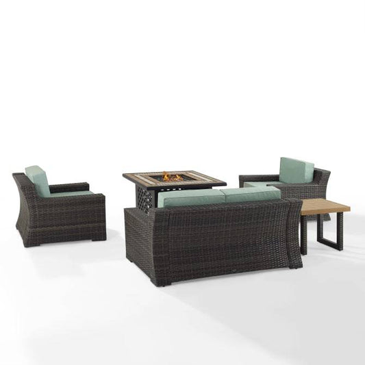 Crosley Furniture Conversation Set Crosely Furniture - Beaufort 5Pc Outdoor Wicker Conversation Set W/Fire Table Mist/Brown - Tucson Fire Table, Side Table, Loveseat, & 2 Chars - KO70178BR - Mist