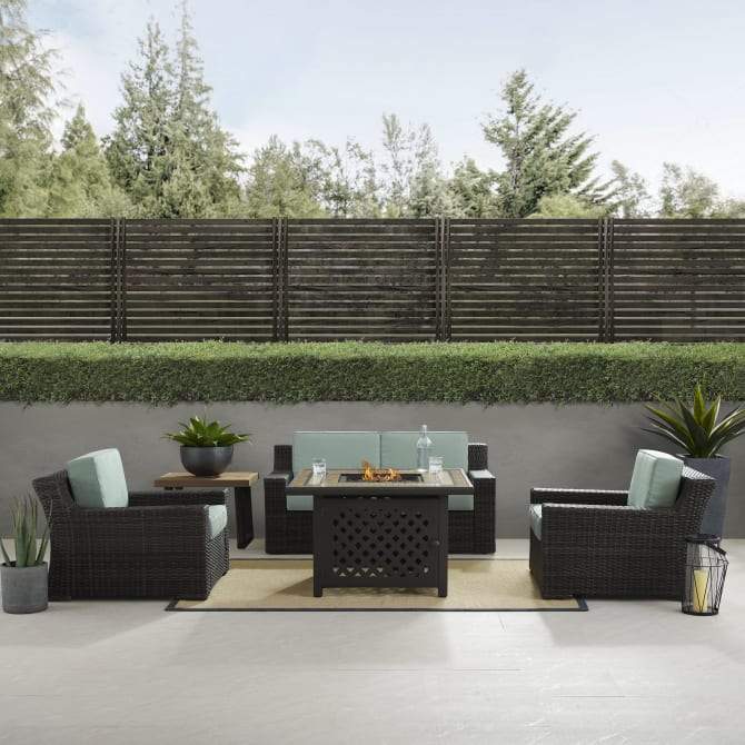 Crosley Furniture Conversation Set Crosely Furniture - Beaufort 5Pc Outdoor Wicker Conversation Set W/Fire Table Mist/Brown - Tucson Fire Table, Side Table, Loveseat, & 2 Chars - KO70178BR - Mist