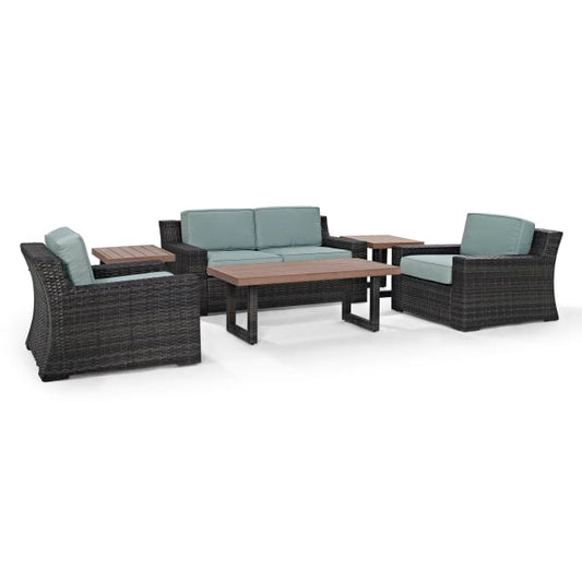Crosley Furniture Conversation Set Crosely Furniture - Beaufort 6Pc Outdoor Wicker Conversation Set Mist/Brown - Loveseat, Coffee Table, 2 Chairs, & 2 Side Tables - KO70131BR-MI - Mist