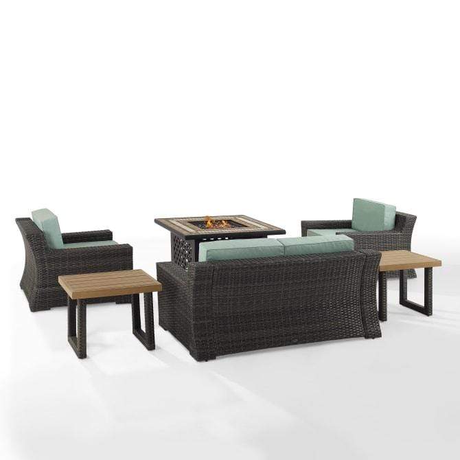 Crosley Furniture Conversation Set Crosely Furniture - Beaufort 6Pc Outdoor Wicker Conversation Set W/Fire Table Mist/Brown - Tucson Fire Table, Loveseat, 2 Side Tables, & 2 Chairs - KO70179BR - Mist