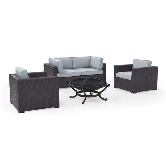 Crosley Furniture Conversation Set Crosely Furniture - Biscayne 5Pc Outdoor Wicker Conversation Set W/Fire Pit Mist/Mocha/White - Ashland Firepit, 2 Armchairs, & 2 Corner Chairs - KO70121BR-XX