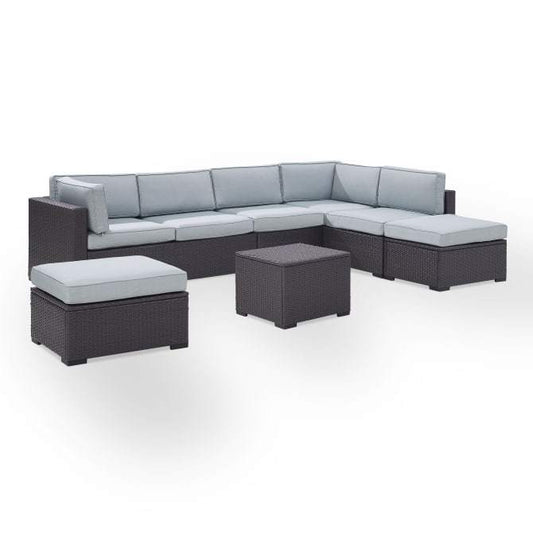 Crosley Furniture Conversation Set Crosely Furniture - Biscayne 6Pc Outdoor Wicker Sectional Set Mist/Mocha/White - Armless Chair, Coffee Table, 2 Loveseats, & 2 Ottomans - KO70114BR-XX
