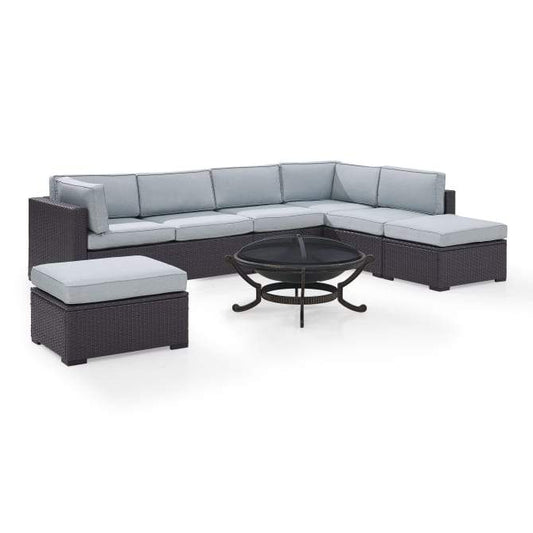 Crosley Furniture Conversation Set Crosely Furniture - Biscayne 6Pc  Outdoor Wicker Sectional Set W/Fire Pit Mist/Mocha/White - Ashland Firepit, 2 Loveseats,  Armless Chair, & 2 Ottomans - KO70120BR-XX