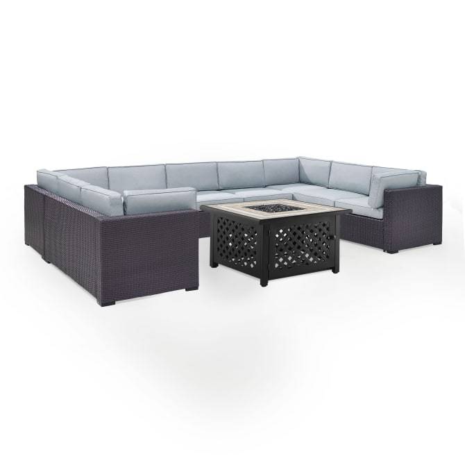 Crosley Furniture Conversation Set Crosely Furniture - Biscayne 6Pc Outdoor Wicker Sectional Set W/Fire Table Mist/Mocha/White - Armless Chair, Tucson Fire Table, & 4 Loveseats - KO70118BR-XX