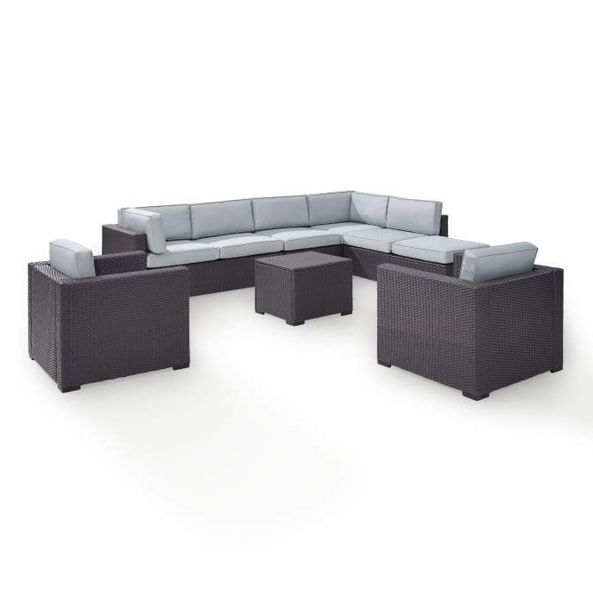 Crosley Furniture Conversation Set Crosely Furniture - Biscayne 7Pc Outdoor Wicker Sectional Set Mist/Mocha/White - Armless Chair, Coffee Table, Ottoman, 2 Loveseats, & 2 Arm Chairs - KO70108BR-XX