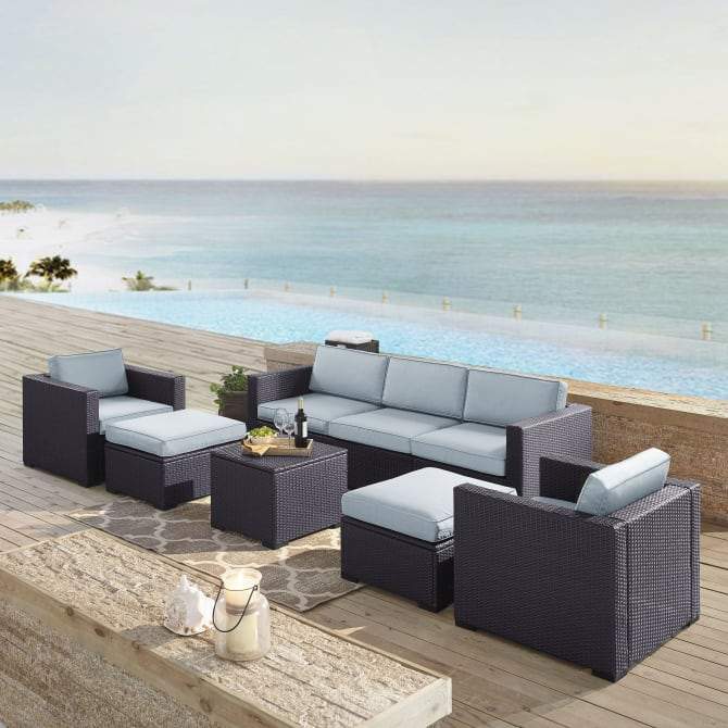 Crosley Furniture Conversation Set Crosely Furniture - Biscayne 7Pc Outdoor Wicker Sectional Set Mist/Mocha/White - Loveseat, Corner Chair, Coffee Table, 2 Arm Chairs, & 2 Ottomans - KO70113BR-XX