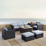 Crosley Furniture Conversation Set Crosely Furniture - Biscayne 7Pc Outdoor Wicker Sectional Set W/Fire Table Mist/Mocha/White - Loveseat, Corner Chair, Tucson Fire Table, 2 Armchairs, & 2 Ottomans - KO70116BR-XX