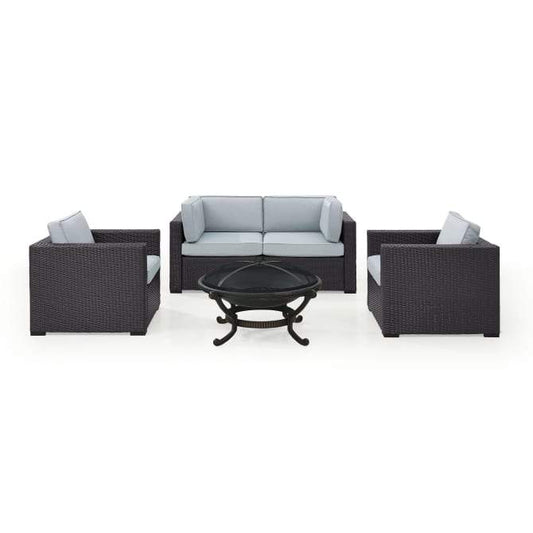 Crosley Furniture Conversation Set Mist Crosely Furniture - Biscayne 5Pc Outdoor Wicker Conversation Set W/Fire Pit Mist/Mocha/White - Ashland Firepit, 2 Armchairs, & 2 Corner Chairs - KO70121BR-XX