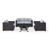 Crosley Furniture Conversation Set Mist Crosely Furniture - Biscayne 5Pc Outdoor Wicker Conversation Set W/Fire Pit Mist/Mocha/White - Ashland Firepit, 2 Armchairs, & 2 Corner Chairs - KO70121BR-XX