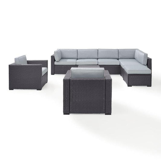 Crosley Furniture Conversation Set Mist Crosely Furniture - Biscayne 7Pc Outdoor Wicker Sectional Set Mist/Mocha/White - Armless Chair, Coffee Table, Ottoman, 2 Loveseats, & 2 Arm Chairs - KO70108BR-XX