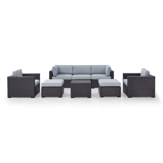 Crosley Furniture Conversation Set Mist Crosely Furniture - Biscayne 7Pc Outdoor Wicker Sectional Set Mist/Mocha/White - Loveseat, Corner Chair, Coffee Table, 2 Arm Chairs, & 2 Ottomans - KO70113BR-XX