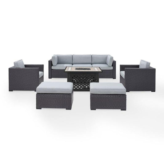 Crosley Furniture Conversation Set Mist Crosely Furniture - Biscayne 7Pc Outdoor Wicker Sectional Set W/Fire Table Mist/Mocha/White - Loveseat, Corner Chair, Tucson Fire Table, 2 Armchairs, & 2 Ottomans - KO70116BR-XX