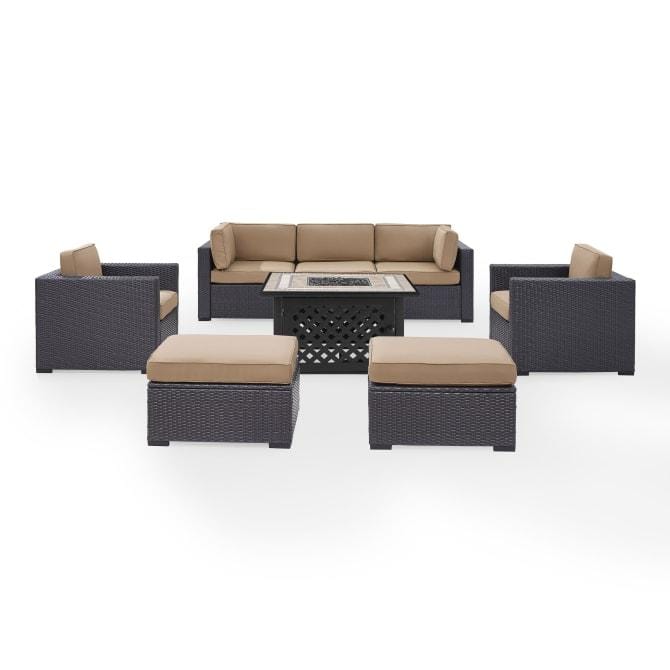 Crosley Furniture Conversation Set Mocha Crosely Furniture - Biscayne 7Pc Outdoor Wicker Sectional Set W/Fire Table Mist/Mocha/White - Loveseat, Corner Chair, Tucson Fire Table, 2 Armchairs, & 2 Ottomans - KO70116BR-XX