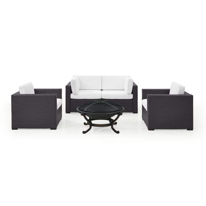 Crosley Furniture Conversation Set White Crosely Furniture - Biscayne 5Pc Outdoor Wicker Conversation Set W/Fire Pit Mist/Mocha/White - Ashland Firepit, 2 Armchairs, & 2 Corner Chairs - KO70121BR-XX