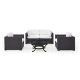 Crosley Furniture Conversation Set White Crosely Furniture - Biscayne 5Pc Outdoor Wicker Conversation Set W/Fire Pit Mist/Mocha/White - Ashland Firepit, 2 Armchairs, & 2 Corner Chairs - KO70121BR-XX