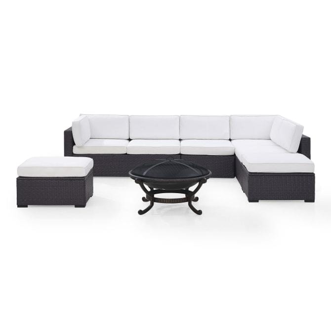 Crosley Furniture Conversation Set White Crosely Furniture - Biscayne 6Pc  Outdoor Wicker Sectional Set W/Fire Pit Mist/Mocha/White - Ashland Firepit, 2 Loveseats,  Armless Chair, & 2 Ottomans - KO70120BR-XX