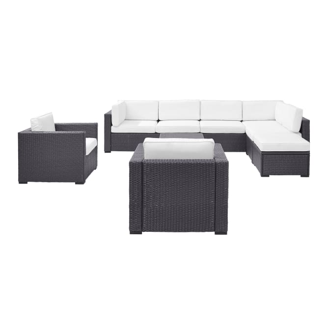 Crosley Furniture Conversation Set White Crosely Furniture - Biscayne 7Pc Outdoor Wicker Sectional Set Mist/Mocha/White - Armless Chair, Coffee Table, Ottoman, 2 Loveseats, & 2 Arm Chairs - KO70108BR-XX