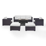Crosley Furniture Conversation Set White Crosely Furniture - Biscayne 7Pc Outdoor Wicker Sectional Set W/Fire Table Mist/Mocha/White - Loveseat, Corner Chair, Tucson Fire Table, 2 Armchairs, & 2 Ottomans - KO70116BR-XX