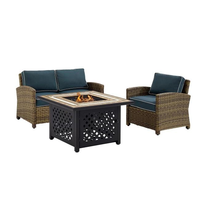 Crosley Furniture Fire Seating Sets Crosely Furniture - Bradenton 3Pc Outdoor Wicker Conversation Set W/Fire Table Weathered Brown/Include Color - Loveseat, Armchair, & Tucson Fire Table - KO70161-XX