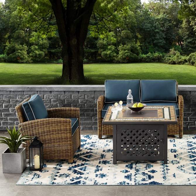 Crosley Furniture Fire Seating Sets Crosely Furniture - Bradenton 3Pc Outdoor Wicker Conversation Set W/Fire Table Weathered Brown/Include Color - Loveseat, Armchair, & Tucson Fire Table - KO70161-XX