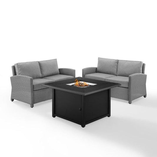 Crosley Furniture Fire Seating Sets Crosely Furniture - Bradenton 3Pc Wicker Loveseat Set W/Fire Table Gray/Gray - Dante Fire Table & 2 Loveseats - KO70170GY-GY - Gray