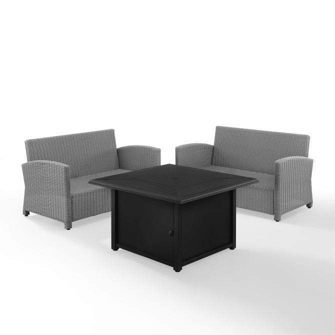 Crosley Furniture Fire Seating Sets Crosely Furniture - Bradenton 3Pc Wicker Loveseat Set W/Fire Table Gray/Gray - Dante Fire Table & 2 Loveseats - KO70170GY-GY - Gray