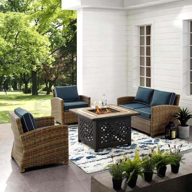 Crosley Furniture Fire Seating Sets Crosely Furniture - Bradenton 4Pc Outdoor Wicker Conversation Set W/Fire Table Weathered Brown/Include Color - Loveseat, Tucson Fire Table, & 2 Arm Chairs - KO70160-XX