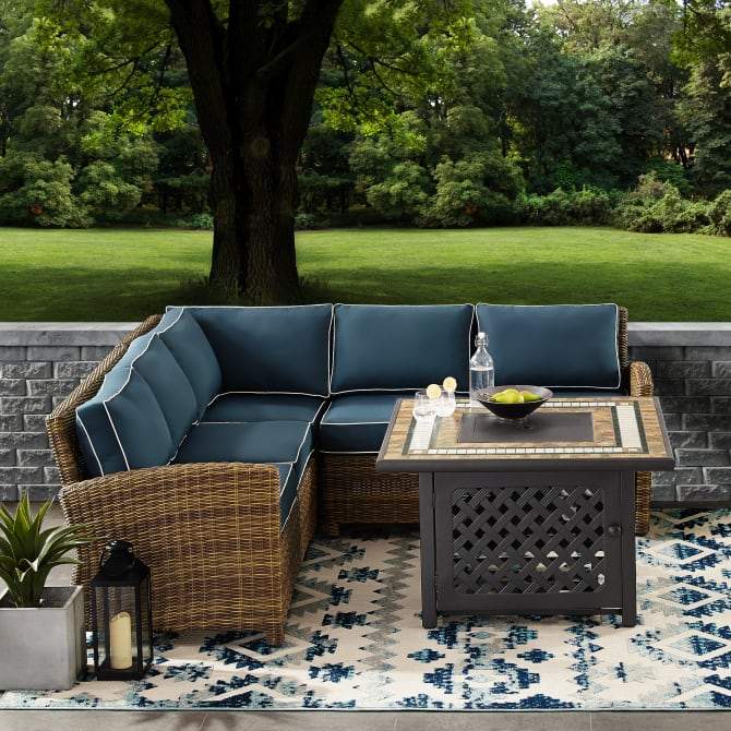 Crosley Furniture Fire Seating Sets Crosely Furniture - Bradenton 4Pc Outdoor Wicker Sectional Set W/Fire Table Include Color/Weathered Brown - Right Corner Loveseat, Left Corner Loveseat, Corner Chair, & Tucson Fire Table - KO70157-XX