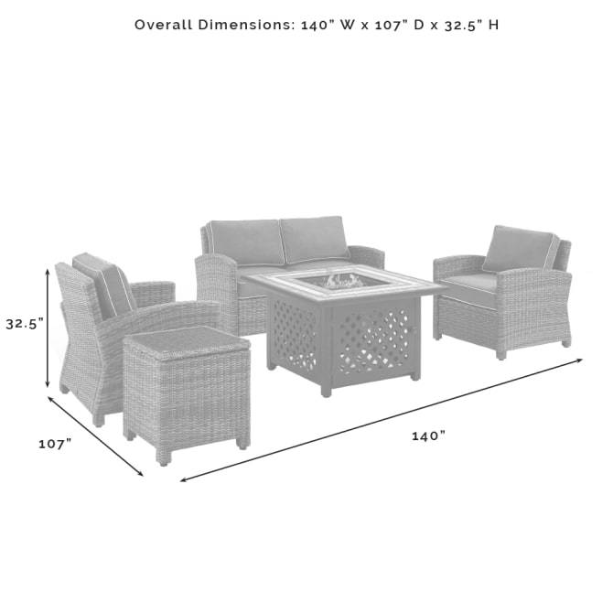 Crosley Furniture Fire Seating Sets Crosely Furniture - Bradenton 5Pc Outdoor Wicker Conversation Set W/Fire Table Weathered Brown/Navy/Sand/Sangria - Loveseat, Side Table, Tucson Fire Table, & 2 Armchairs - KO70162-XX