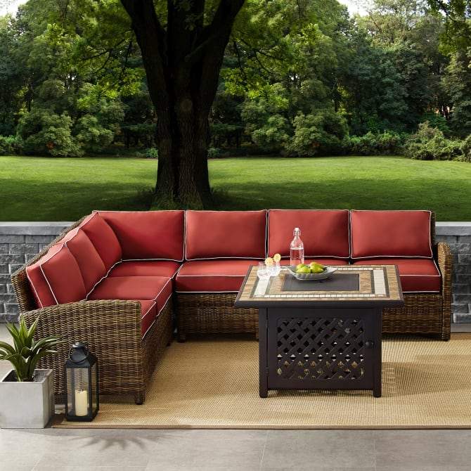 Crosley Furniture Fire Seating Sets Crosely Furniture - Bradenton 5Pc Outdoor Wicker Sectional Set W/Fire Table Include Color/Weathered Brown - Right Corner Loveseat, Left Corner Loveseat, Corner Chair, Center Chair, & Tucson Fire Table - KO70158-XX