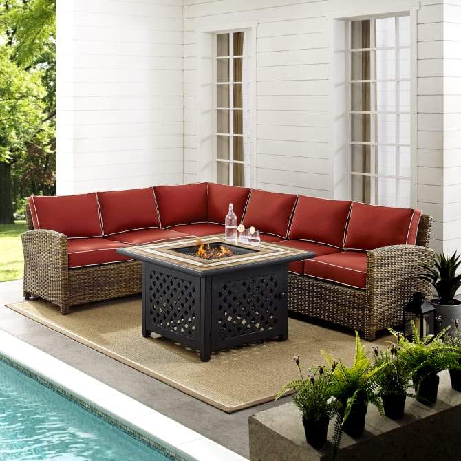 Crosley Furniture Fire Seating Sets Crosely Furniture - Bradenton 5Pc Outdoor Wicker Sectional Set W/Fire Table Include Color/Weathered Brown - Right Corner Loveseat, Left Corner Loveseat, Corner Chair, Center Chair, & Tucson Fire Table - KO70158-XX