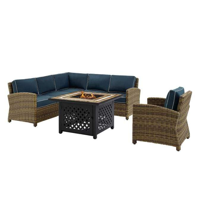 Crosley Furniture Fire Seating Sets Crosely Furniture - Bradenton 5Pc Outdoor Wicker Sectional Set W/Fire Table Weathered Brown/Include Color - Right Corner Loveseat, Left Corner Loveseat, Corner Chair, Armchair, & Tucson Fire Table - KO70159-XX
