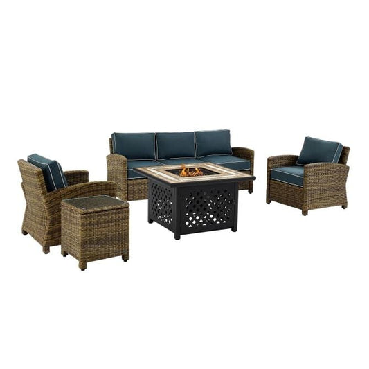 Crosley Furniture Fire Seating Sets Crosely Furniture - Bradenton 5Pc Outdoor Wicker Sofa Set W/Fire Table Weathered Brown/Include Color - Sofa, Side Table, Tucson Fire Table, & 2 Armchairs - KO70163-XX