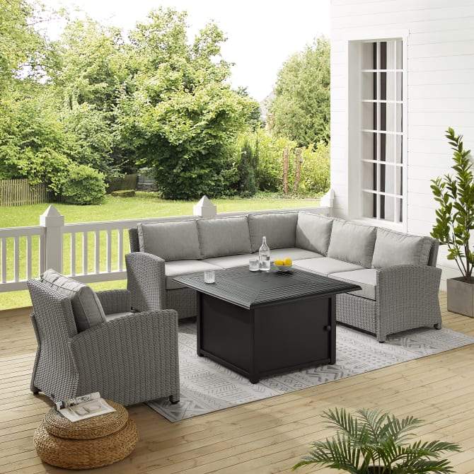 Crosley Furniture Fire Seating Sets Crosely Furniture - Bradenton 5Pc Wicker Sectional Set W/Fire Table Gray/Gray - Right Corner Loveseat, Left Corner Loveseat, Corner Chair, Arm Chair, & Dante Fire Table - KO70169GY-GY - Gray